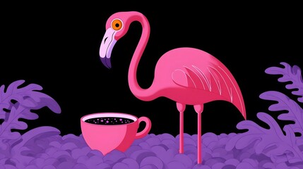 Obraz premium Elegant flamingo reflects in a cup of tea amidst lush foliage