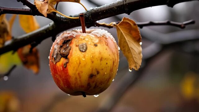 Close-up of a decayed red and yellow apple hanging on a tree branch with water droplets after a rain, surrounded by faded leaves.