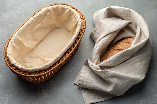 Oval wicker bread basket with a soft linen liner on a textured grey background. A wrapped loaf of fresh bread lies beside it, evoking a homey feeling