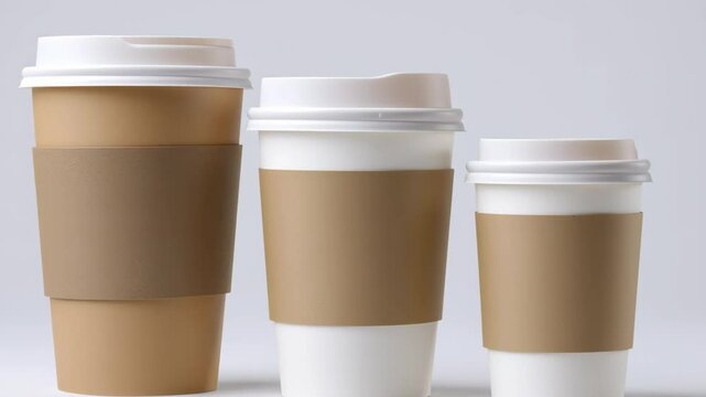 Three disposable coffee cups of varying sizes arranged on a clean surface, showcasing eco-friendly design with brown paper sleeves, ideal for beverage branding and promotional mock up opportunities