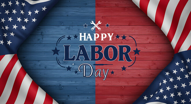 An elegant card to commemorate Labor Day in the USA. Features "Happy Labor Day" calligraphy on white wood, framed by two draped American flags.