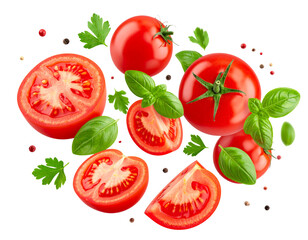 Flying Tomatoes with Basil and Parsley Leaves in a Swirling Formation, Isolated on Transparent Background
