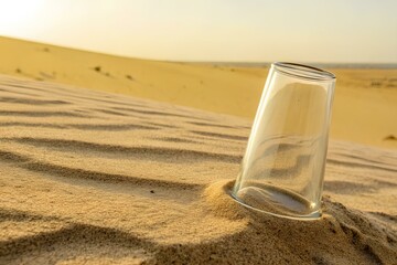 An empty transparent glass turned upside-down and partially buried in golden desert sand, angled naturally with warm afternoon sunlight and minimalistic background