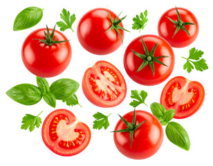 Fresh Tomatoes with Sprigs of Basil and Parsley, Floating in Mid-Air, Isolated on Transparent Background