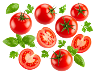 Fresh Tomatoes with Sprigs of Basil and Parsley, Floating in Mid-Air, Isolated on Transparent Background