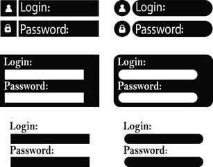 Login and password form icons set, collection and group of user interface elements, flat vector designs including sign in, access, authentication, credential input fields