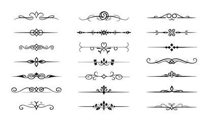 Elegant set of vintage decorative dividers and horizontal text separators with calligraphic flourishes and ornate scrollwork, perfect for documents, invitations, and web design.