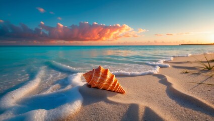 Obraz premium Seashell on Sandy Beach at Sunset with Gentle Ocean Waves