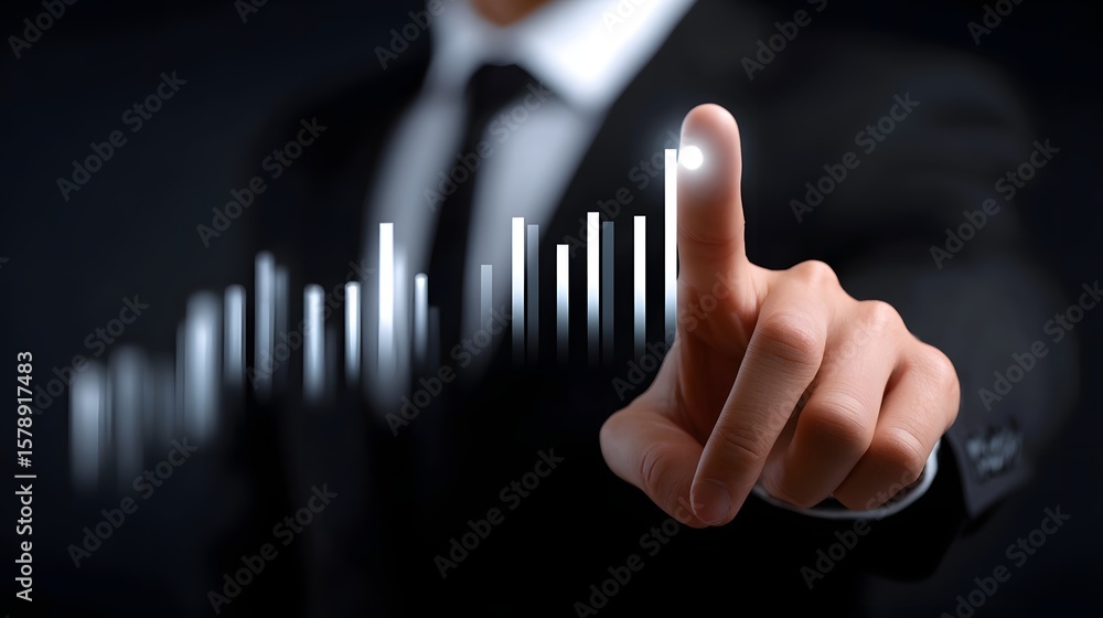 Poster businessman interacting with a futuristic data visualization display.