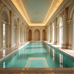 Opulent indoor pool with classical design. Ornate arches reflective water bathe in warm lighting, marble finishing. Luxurious spa, swimming, relaxation, vacation, travel, wellness, recreation.
