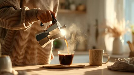 Person pouring freshly brewed coffee from a stovetop espresso maker into a glass cup, with steam rising in a cozy kitchen setting, showcasing warmth and comfort in morning rituals