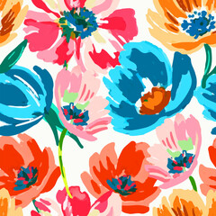 Vibrant seamless floral vector pattern with hand-painted colorful flowers. Ideal for textile prints, wrapping paper, spring and summer decor, fashion backgrounds