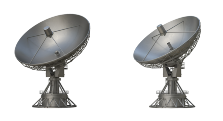 Illustration Two Metallic Satellite Dishes Telecommunications Technology on Isolated