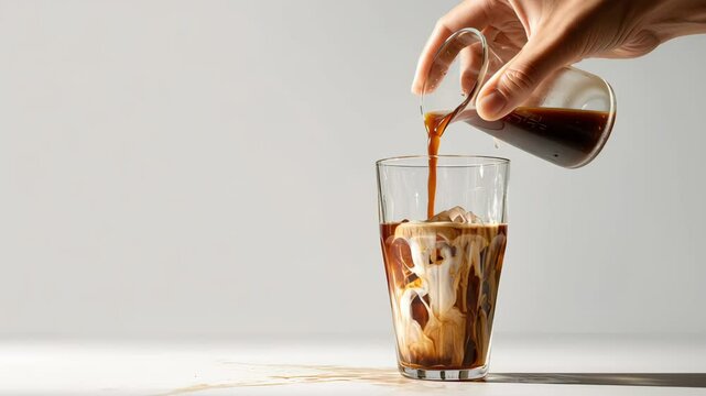 Hand pouring rich, dark coffee into a glass filled with ice and cream, creating a visually appealing swirl, with spilled liquid on a clean surface, capturing the essence of a refreshing beverage exper