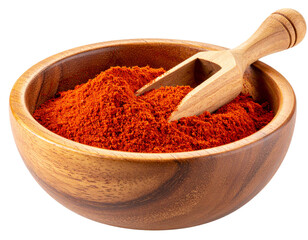 Red Paprika Powder with Wooden Spoon, Angle View, Isolated on Transparent Background
