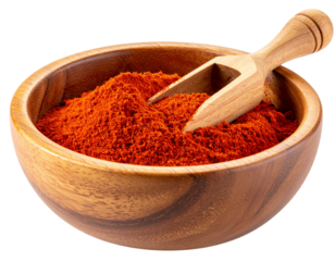 Red Paprika Powder with Wooden Spoon, Angle View, Isolated on Transparent Background
