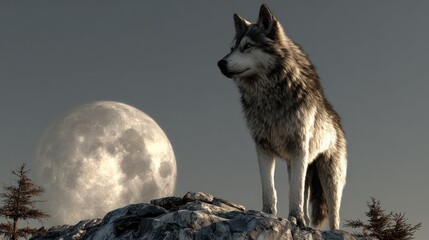 Naklejka premium Gray wolf on a rock, moonlit scene