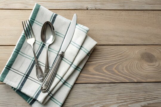 Set of engraved stainless steel cutlery on a folded checkered napkin atop rustic wooden table, highlighting vintage dining elegance - Powered by Adobe