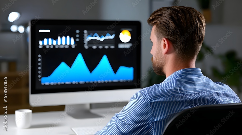 Poster data analyst reviewing business analytics on computer screen