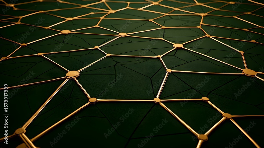 Aufkleber a dark green textured surface is overlaid with a network of gold-colored rods connecting circular no