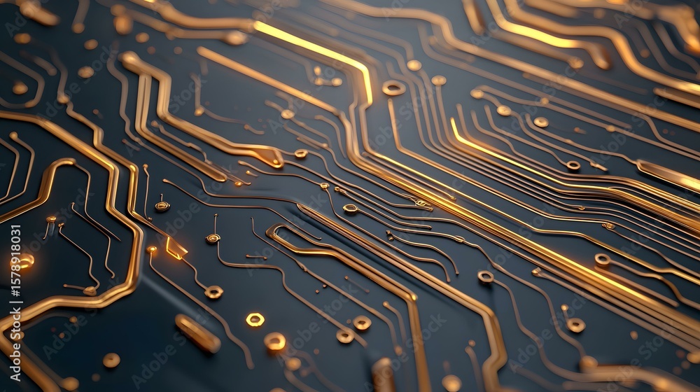 Aufkleber the image shows a close-up view of a circuit board with golden conductive pathways on a dark backgro