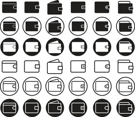 Purse and wallet icons set, collection and group of money bag, pouch, handbag, coin case, clutch, pocketbook, billfold, cash holder in flat, solid, line and outline vector design