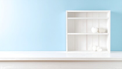 Fototapeta premium White shelf against light blue wall