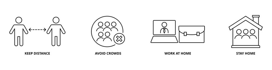 Social Distancing icon set with keep distance, avoid crowds, work at home, and stay home