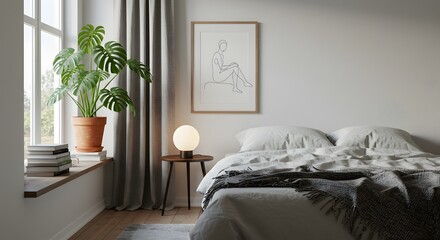 Cozy Bedroom Interior with Plant and Minimalist Art