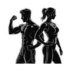 Silhouette illustration of a fit man flexing and a woman posing in athletic wear
