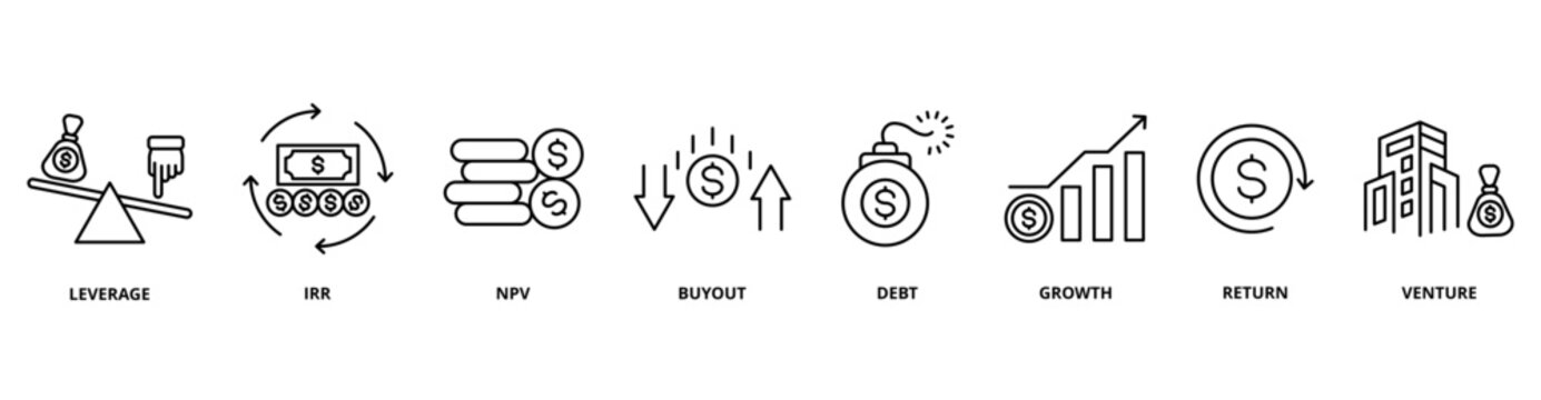 Private Equity icon set with leverage, IRR, NPV, buyout, debt, growth, return, and venture