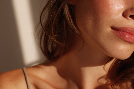 Soft natural light highlights smooth skin and subtle smile of young woman, focusing on her collarbone, jawline, and lips, creating serene and aesthetic mood