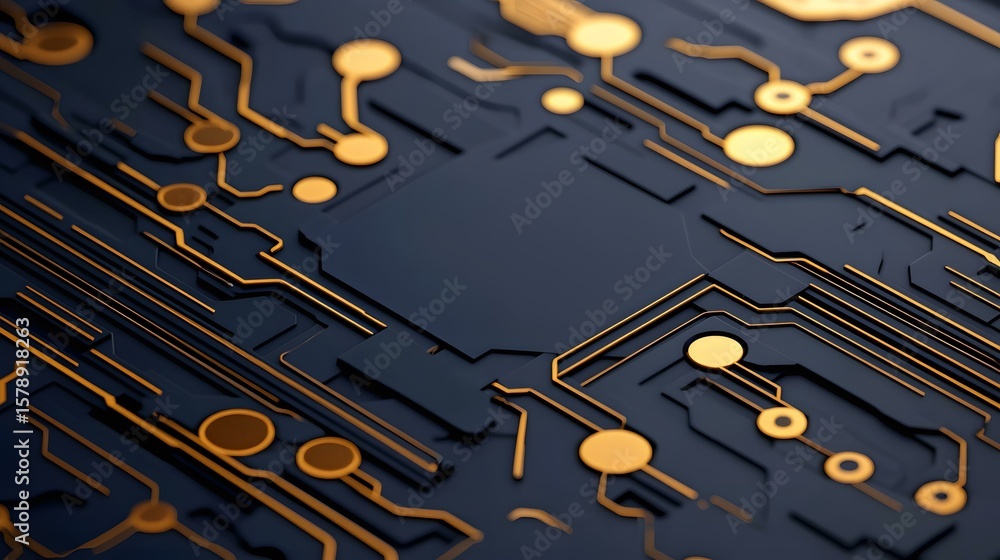 Poster the image shows a close-up of a dark gray circuit board with gold-colored circuitry.a medium descrip