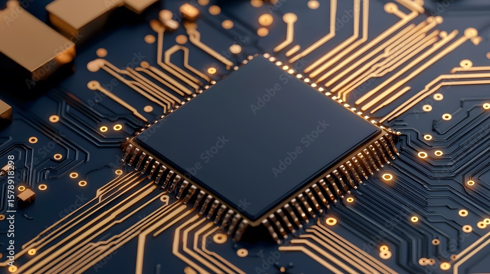 Poster a close-up view reveals a sophisticated microchip, its dark surface contrasting sharply with the glo