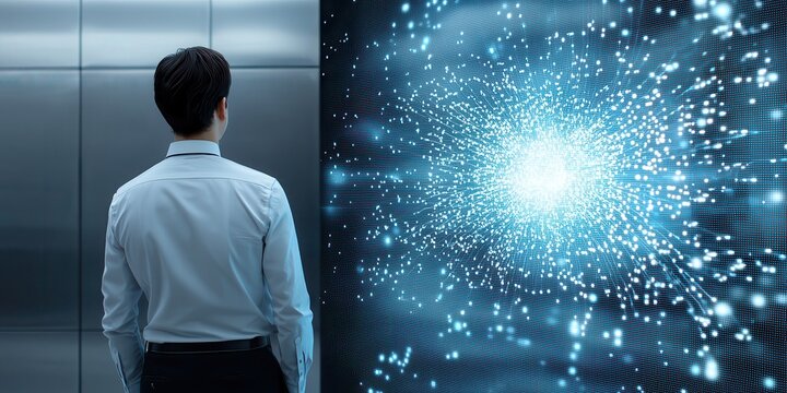 Business manager presentation concept. A person gazes at a vibrant, digital light display in an elevator.