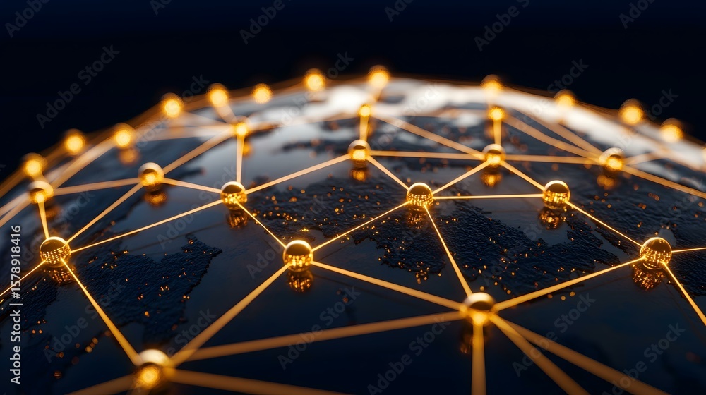 Poster the image shows a dark-colored globe with a network of interconnected glowing gold nodes, representi