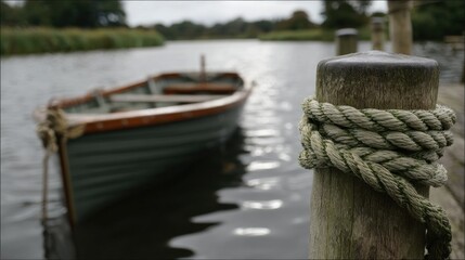 Rowboat moored on a calm waterway