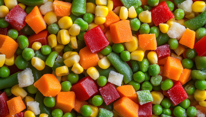 Aerial perspective of mixed frozen vegetables with textured vegetable background