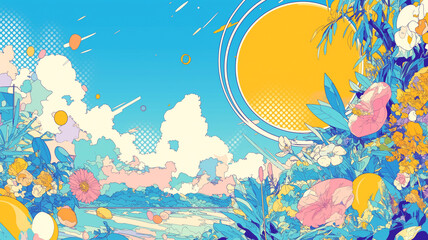 カラフルな曲線が躍るレトロな空とビルのある都市風景イラスト｜1980年代風・手描き風・ポップアート・シティポップ・幻想都市・夜景アート・レトロ感