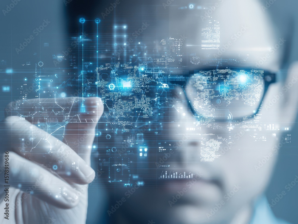 Poster business manager presentation concept. a person interacting with digital technology and data visuali