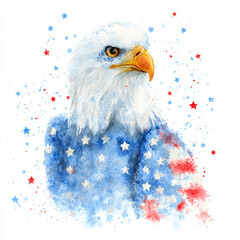 Patriotic Bald Eagle Watercolor Painting Symbolizing American Strength, Freedom, and National Pride, Ideal for USA Independence Day, Fourth of July Artwork, and Iconic United States Celebration Themes