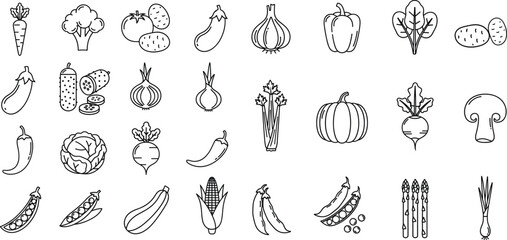 Diverse Black and White Outline Vegetable Icons Collection, Featuring Healthy Food and Garden Produce