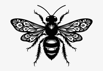 Obraz premium A meticulously detailed black and white illustration of a bee, showcasing its intricate wings and fuzzy body, perfect for nature lovers, artists, and those appreciating the beauty of insects. 
