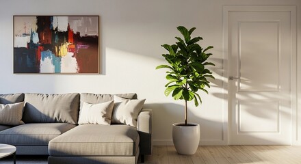 Modern living room with a gray sectional sofa abstract art and a fiddle leaf fig plant bathed in sunlight