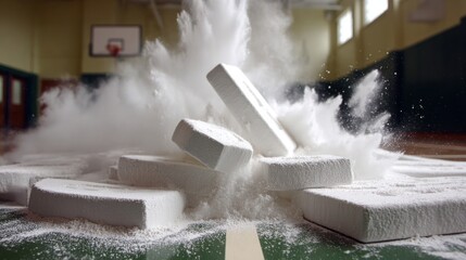 Exploding white blocks on gym floor