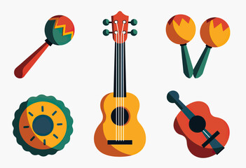 Festive Assortment of Latin American Musical Instruments, Including Guitars, Maracas, and Percussion, Perfect for Celebrating Music and Culture.