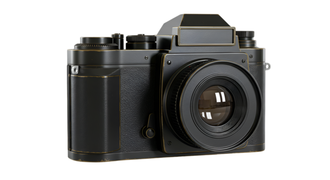 Isolated 3D Rendering of a Black Photographic Camera with Golden Accents - Powered by Adobe