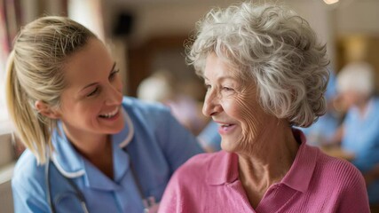 Young female caregiver in blue uniform smiling warmly at elderly woman with gray hair in pink sweater, showcasing compassion and connection in a bright, welcoming care facility environment - Powered by Adobe