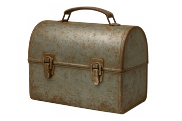 Weathered vintage lunch box reflecting decades of use, resting against transparent background, evoking childhood memories