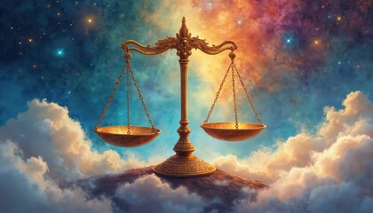 Libra zodiac sign scales against cosmos background. Celestial artwork with stars clouds. Concept balance, harmony, justice. Astrology, horoscope, spiritual symbolism, cosmos, mystic, galaxy design.
